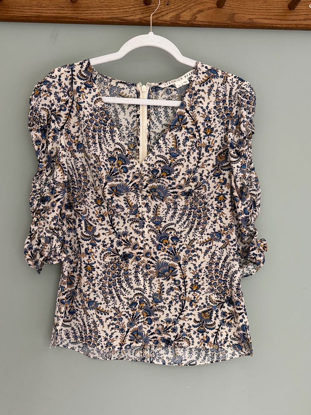 Veronica Beard Cream Blouse with Blue and Gold Floral Print